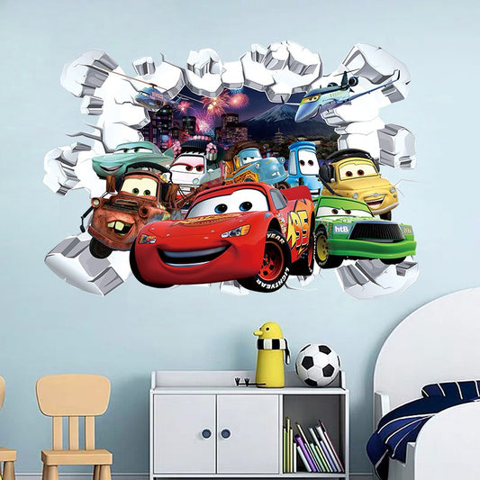 Car Story Children's Room Wall Sticker Self adhesive Poster Cartoon 3D Broken Wall Wall Decoration Sticker