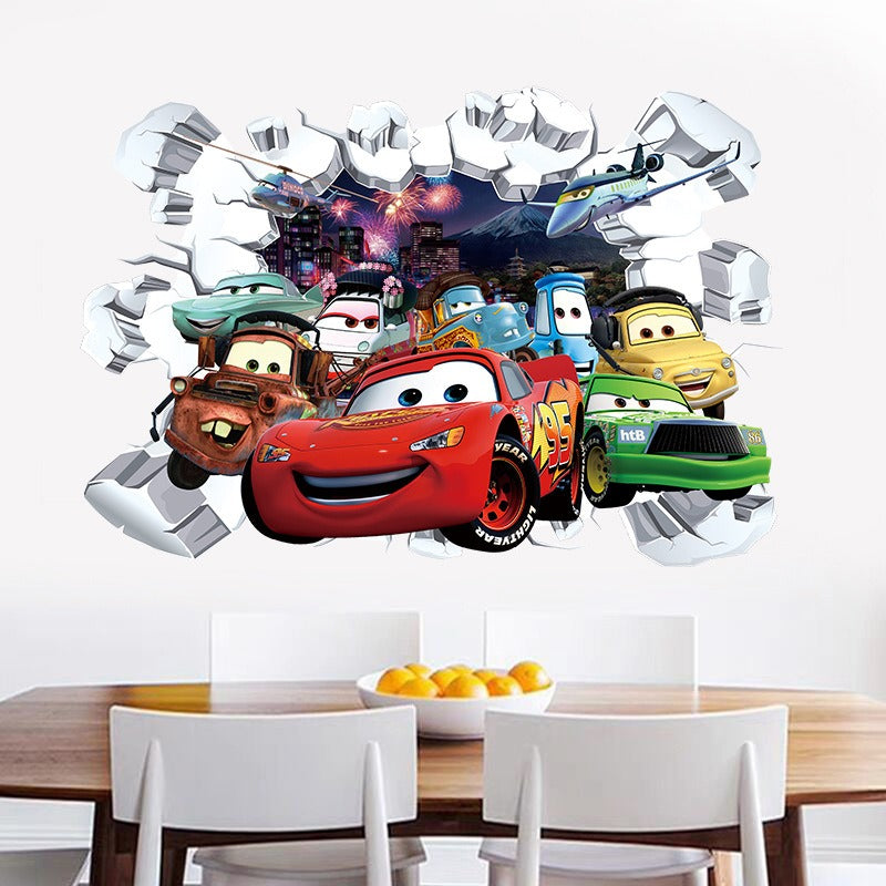 Car Story Children's Room Wall Sticker Self adhesive Poster Cartoon 3D Broken Wall Wall Decoration Sticker