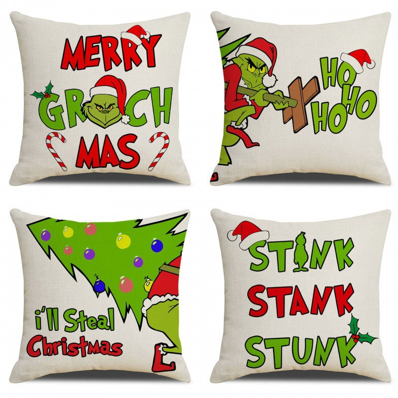 Christmas Pillow Cover Linen Christmas Greentown Cartoon Home Bedroom Pillow Sofa Cushion Cover