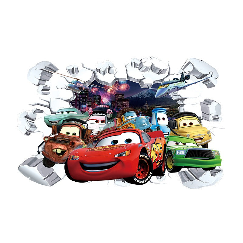 Car Story Children's Room Wall Sticker Self adhesive Poster Cartoon 3D Broken Wall Wall Decoration Sticker
