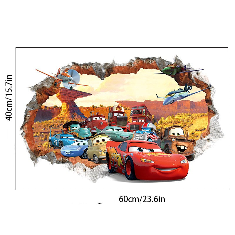 Car Story Children's Room Wall Sticker Self adhesive Poster Cartoon 3D Broken Wall Wall Decoration Sticker