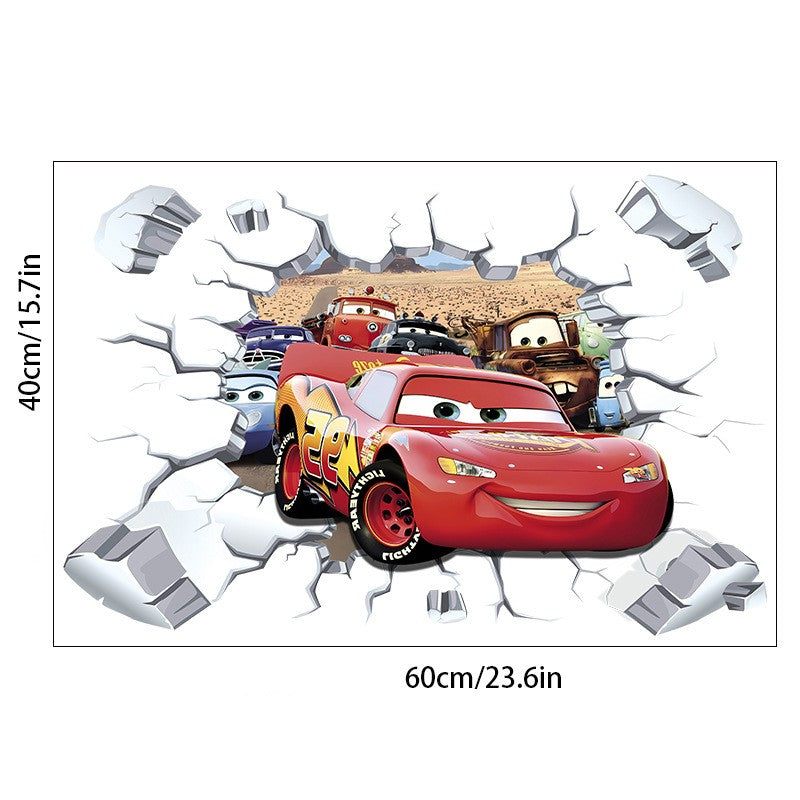 Car Story Children's Room Wall Sticker Self adhesive Poster Cartoon 3D Broken Wall Wall Decoration Sticker
