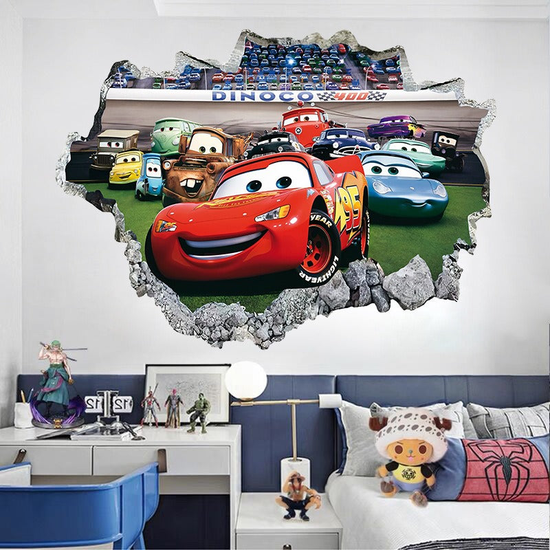 Car Story Children's Room Wall Sticker Self adhesive Poster Cartoon 3D Broken Wall Wall Decoration Sticker