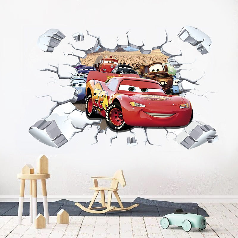 Car Story Children's Room Wall Sticker Self adhesive Poster Cartoon 3D Broken Wall Wall Decoration Sticker