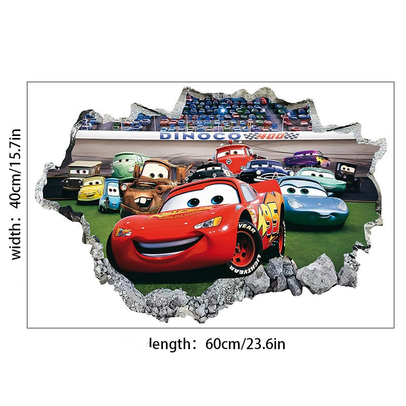 Car Story Children's Room Wall Sticker Self adhesive Poster Cartoon 3D Broken Wall Wall Decoration Sticker